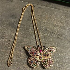 Gold Gemstone Butterfly Pendant Necklace - can wear as pendant or brooch‎